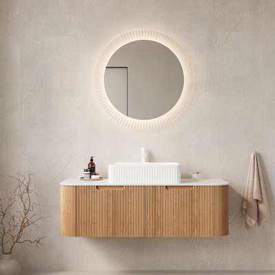 Armoire de salle de bain 48 po avec lavabo, meuble de rangement mural à bordures courbes et flottantes avec tiroir