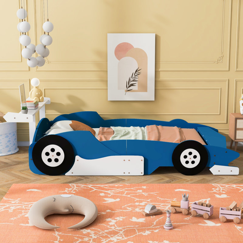 Lit plateforme pleine grandeur en forme de voiture de course avec roulettes, Blue