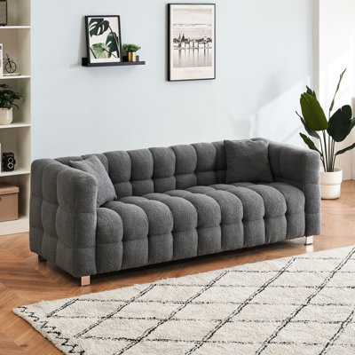 Canapé gris 80 pouces avec polaire, 3 coussins, support de pieds en métal, rembourrage en mousse, cadre en bois massif et panneaux dérivés du bois pour chambre à coucher, canapé 80 pouces, 3 coussins, support de pieds en métal, construction