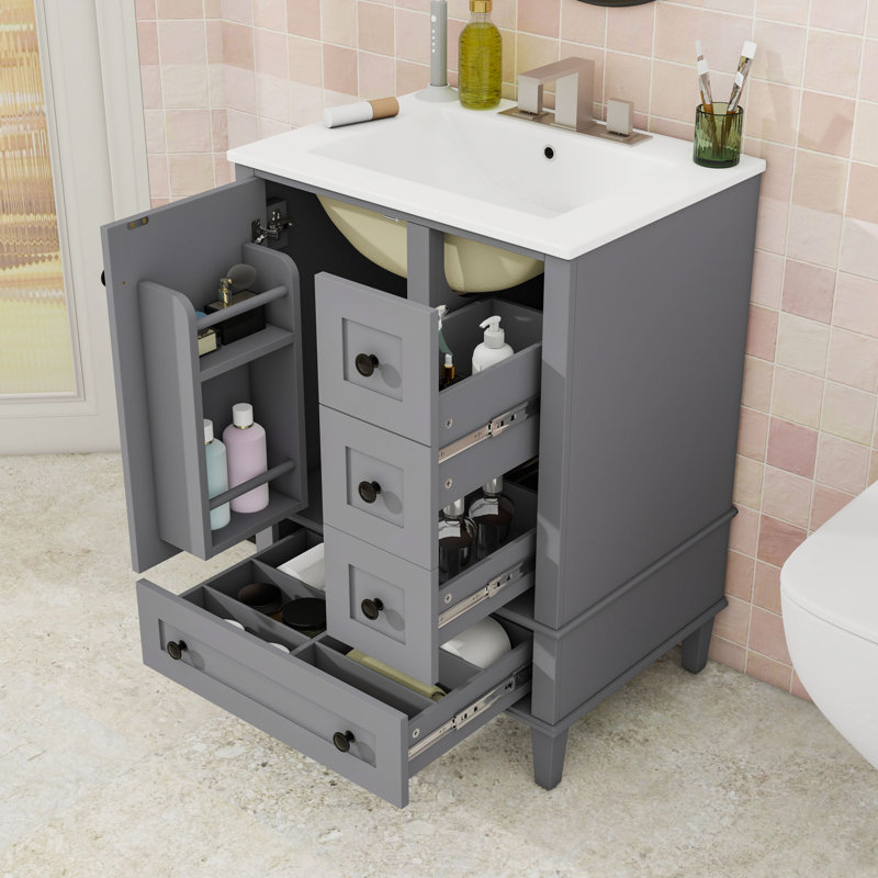Meuble-lavabo contemporain avec lavabo en céramique, support de porte double couche et charnières à fermeture en douceur