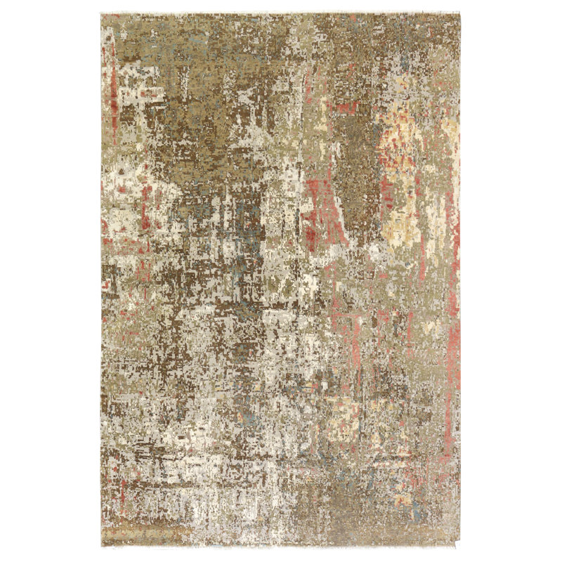 Tapis brun abstrait en laine / soie abstrait fait à la main 9 pi 7 po x 14 pi 2 po
