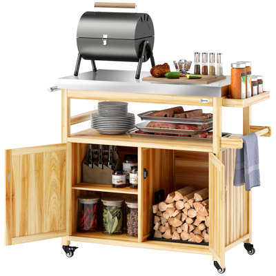 Outdoor Grill Cart with Wheels and Storage, Solid Wood Outdoor Kitchen Island with Stainless Steel Top, Movable Bar Cart with Spice Rack, Side Handle, Integrated Hole for BBQ
