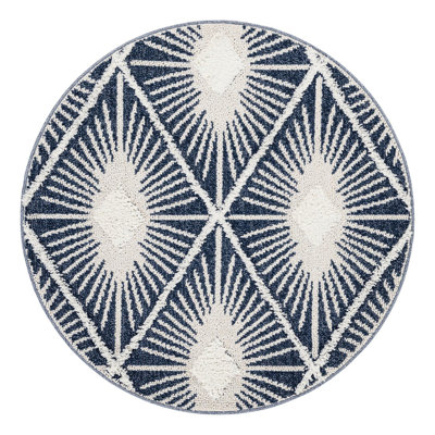 Geometric Machine Woven Runner 2'7 x 12' Polyester Area Rug in Blue