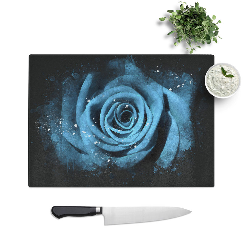 Tempered Glass Pretty Blue Rose Chopping Board, 20 cm x 28.5 cm