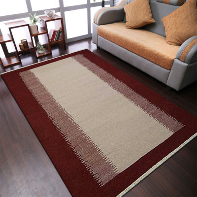 Pelcha Hand Woven Flat Weave Kilim Wool Eco-Friendly Area Rugs - Rectangle, Cream Wine Color, Contemporary Modern Design, Low Pile  Handmade Area Rugs for Living Room, Bed Room