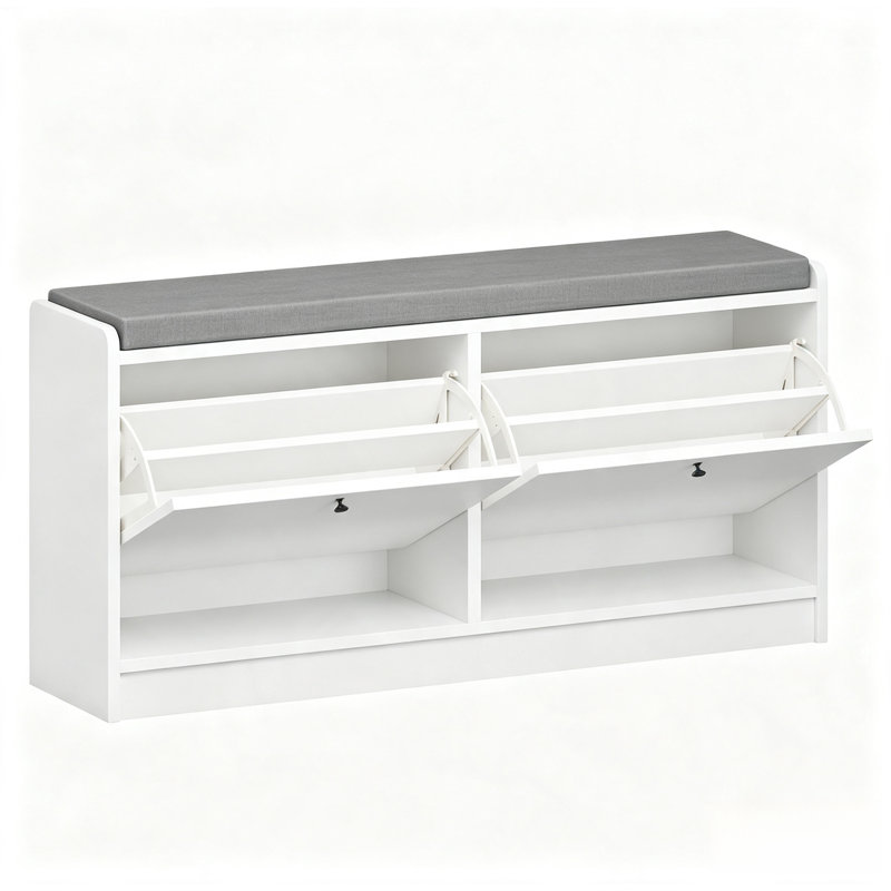 Banc à chaussures blanc avec coussin gris, meuble à chaussures à 2 portes pour entrée ou couloir