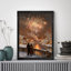Art encadré noir, feux d'artifice du Nouvel An, peinture à l'huile rétro sur cadre enneigé