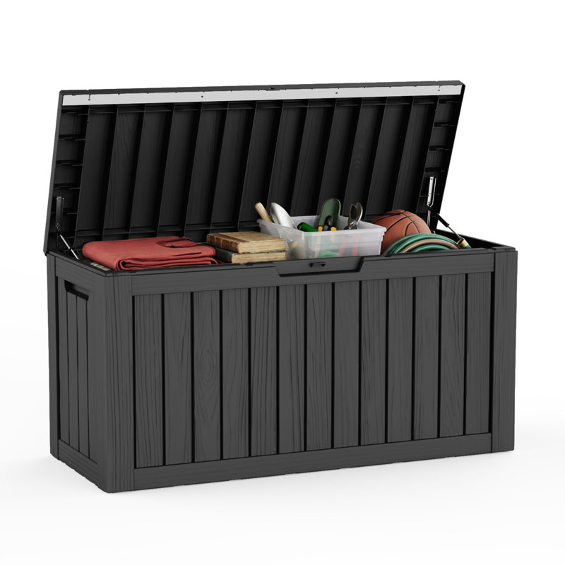 80 Gallon Wood-grain Style Lockable Deck Box, Water Resistant Resin, Black