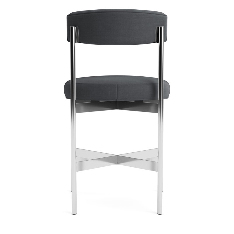 Remy Bar Stool, Performance Linen - Charcoal, Polished Stainless Steel, Counter Stool (25” Seat Height)