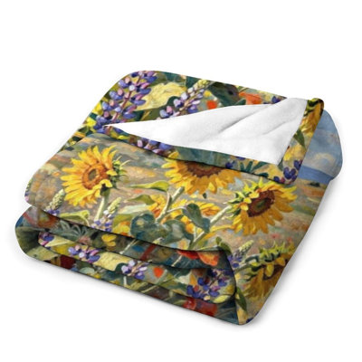 Sunflowers Poppies Luxury Flannel Throw Blanket, Soft Warm Fuzzy Blanket for Living Room Sofa Bed Home Decor