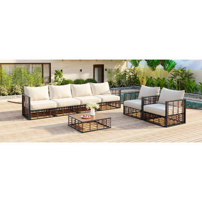 Ensemble de canapé d'angle Topmax en métal de 7 pièces, de style minimaliste moderne, résistant aux intempéries, avec coussins épais et table basse pour terrasse intérieure et extérieure, gris foncé.