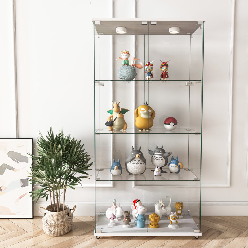Vitrine à installation rapide en verre avec lumières DEL et fonctionnalité de couleur réglable, bibliothèque à 2 portes et 4 tablettes, pour salon, transparent et blanc, 62,48 po de hauteur, 31,8 po de longueur,