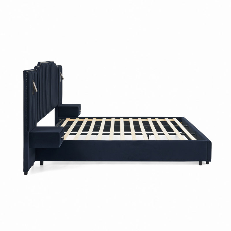 Structure de lit tapissier avec tissu en velours, conception à rayures verticales avec boutons autour du lit plateforme avec tête de lit, structure solide et table de chevet - aucun sommier nécessaire