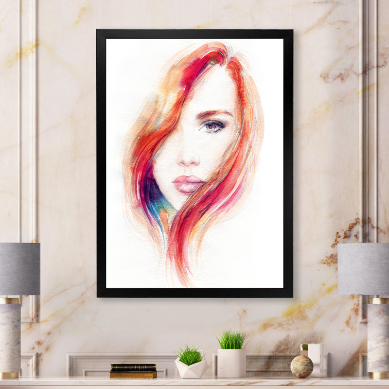 Portrait de femme modèle orange - œuvre d'art sur toile Glam, Impression noire sur toile encadrée, H 44 po x l 34 po