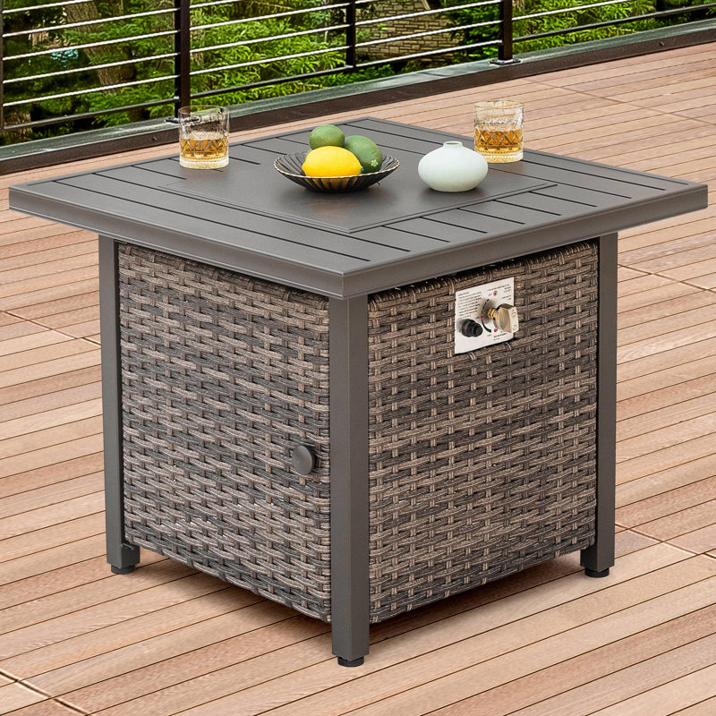 Table de foyer d'extérieur au propane 30 pouces 50 000 BTU avec couvercle, osier tissé à la main, table de foyer au gaz carrée avec perles de verre pour le jardin, le patio, certification CSA