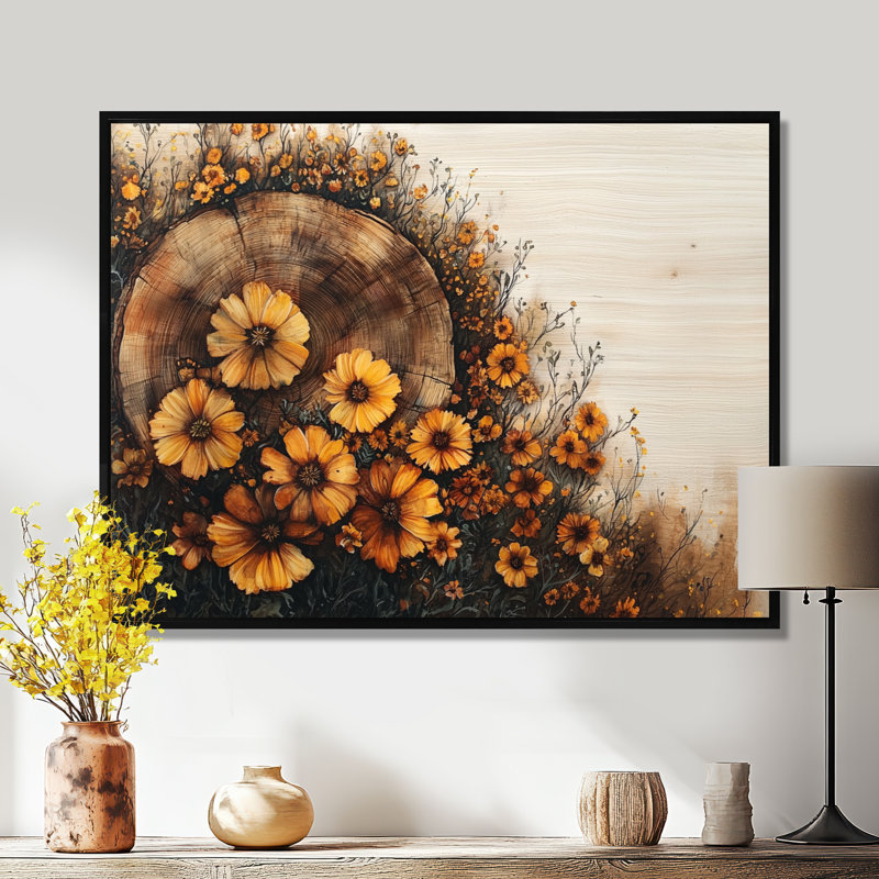 Fleurs sauvages sur une rivière en bois - Art mural, H 12 po x l 20 po, Impression encadrée flottante, Noir