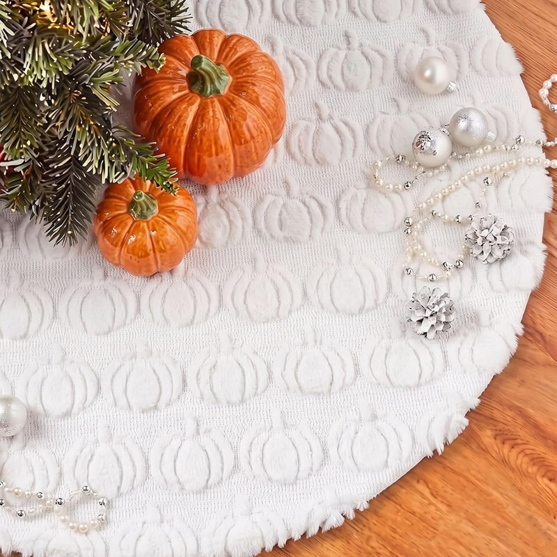 Jupe de sapin d'automne en peluche blanc crème avec citrouilles 3D – Décoration de ferme en fausse fourrure pour l'automne, l'Action de grâce et l'Halloween