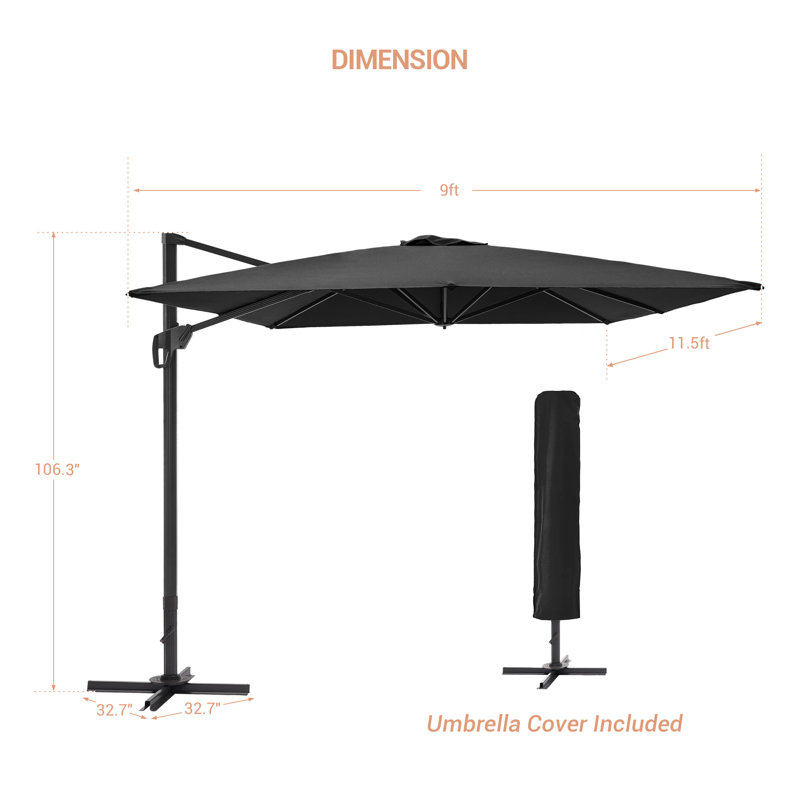 Parasol carré en porte-à-faux 9 pi 9 po Ansel, Noir, H 106 po x l 120 po x P 120 po