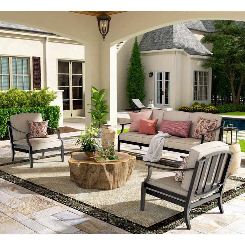 Tamarin Outdoor Aluminum Sofa & Club Chairs Seating Set With Sunbrella® Cushions