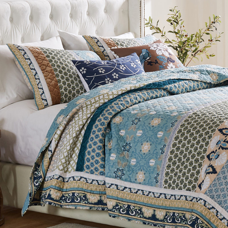 Thalia Blue Cotton Reversible Full Quilt Set