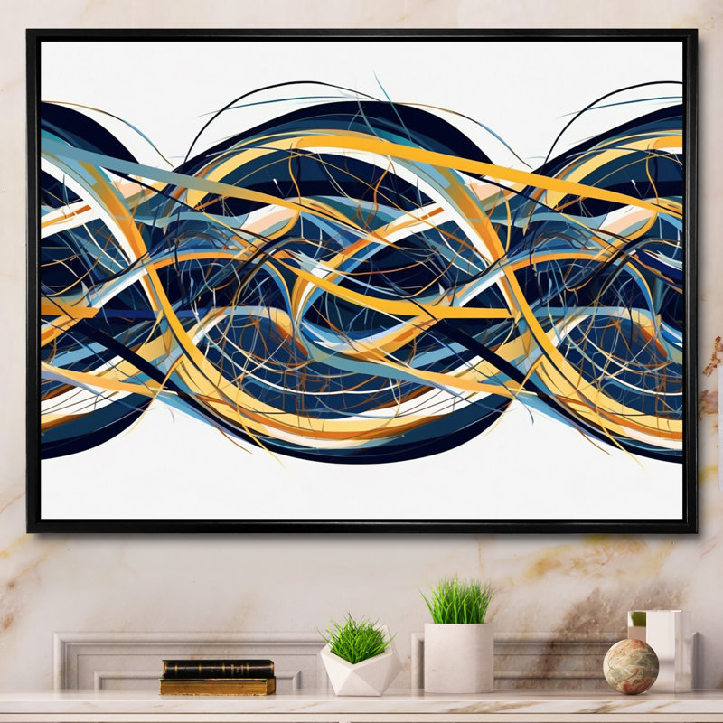 Helix expression abstraite jaune et bleu, H 12 po x l 20 po x P 1 po, Cadre flottant noir
