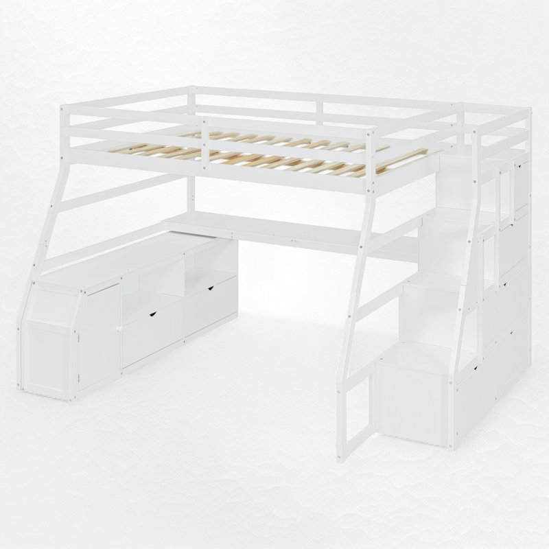 Lit mezzanine avec rangement et escalier Heiki, Plein, Blanc