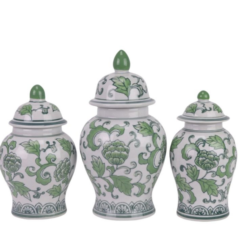 Set of 3 Floral Food Safe Jars, White/Green