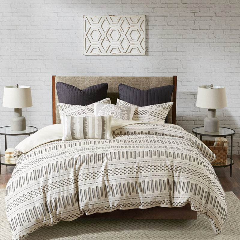 Housse de couette King/King en coton - Rayures anthracite, 100 % coton, fermeture à boutons, tissage de chambre, 4 attaches aux coins.