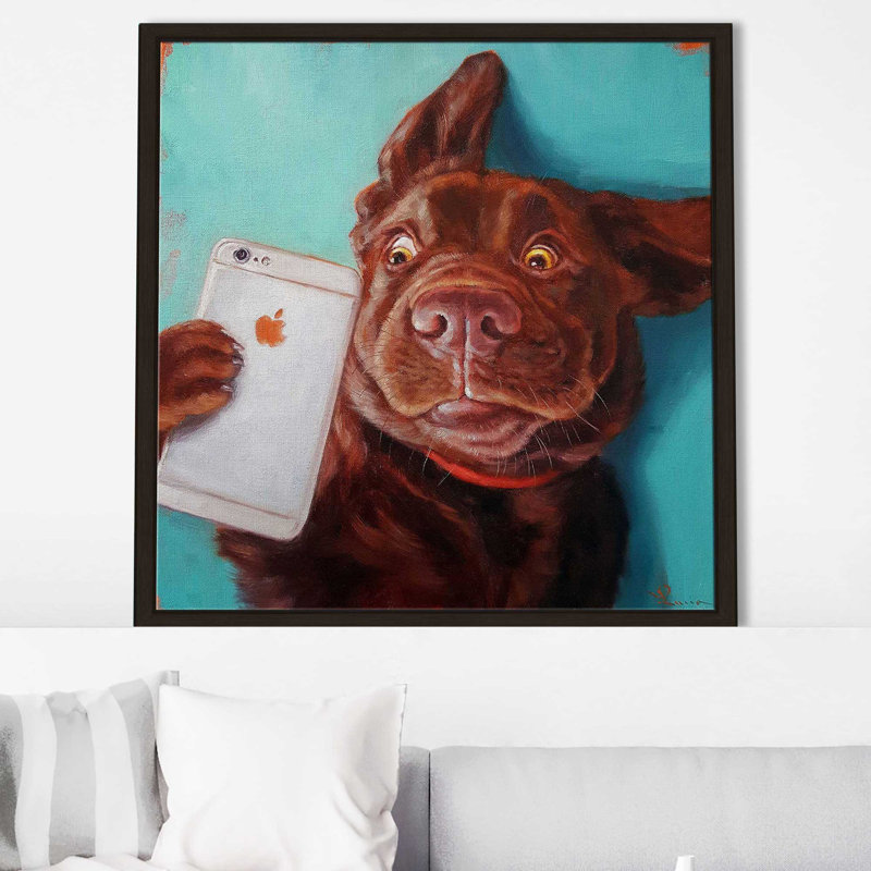 «Dog Selfie» par Lucia Heffernan - Peinture, Cadre flottant espresso, H 39,5 po x l 39,5 po x P 2 po