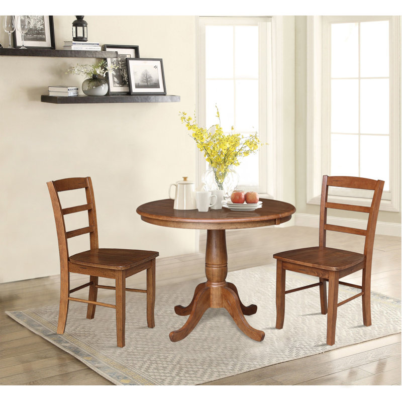 Gadmann Pedestal Extendable Solid Wood Dining Set, Distressed Oak, 3 Pieces: Table, 2 Chairs