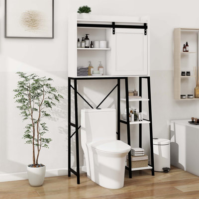 Over The Toilet Storage Cabinet With Sliding Barn Door, Adjustable Shelves, And Side Storage Rack For Small Bathrooms