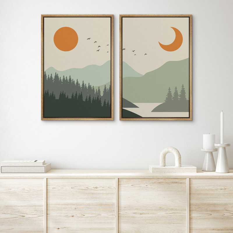 Sun and Crescent Moon Over Green, H 24 po x l 32 po x P 1,5 po, Brun
