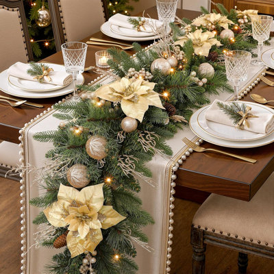 Guirlande de Noël 6 pi avec lumières DEL multicolores, minuterie à pile, avec boule de fleurs et poinsettia pour décor de foyer extérieur de cheminée, or champagne, 9 pi