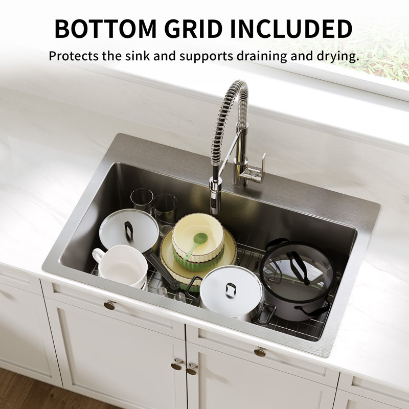 Deervalley 33" L X 22" W Drop-In Single Bowl 18-Gauge Stainless Steel Kitchen Sink With Bottom Grid