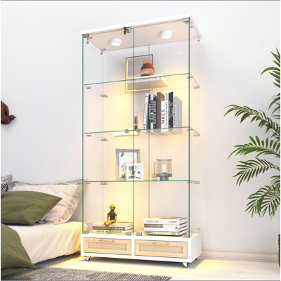 Vitrine moderne en verre avec grands tiroirs, armoire antique à assemblage rapide avec lumières DEL, bibliothèque en verre emperé, étui de rangement à 2 portes avec 4 tablettes pour le salon et la chambre à coucher et naturel