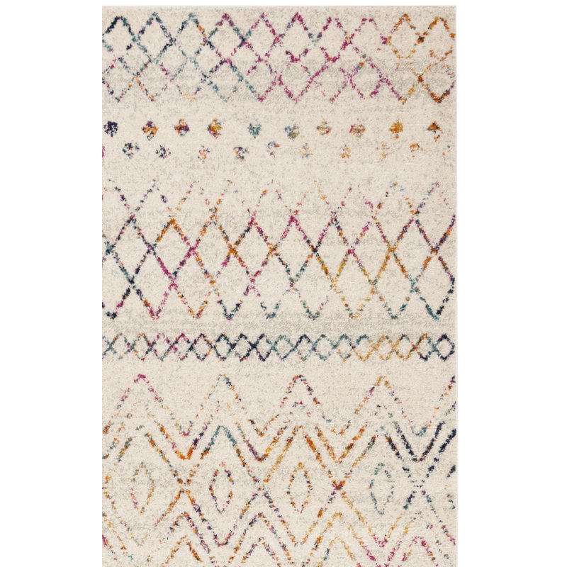 Tapis ivoire et fuchsia à motif géométrique tissé à la machine Christa, Tapis de couloir 2 pi 3 po x 8 pi