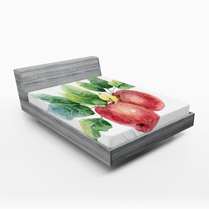 Ambesonne Fruits Fitted Sheet 2-Pack Green Leaves Illustration Dark Coral White Green, California King Fitted Sheet