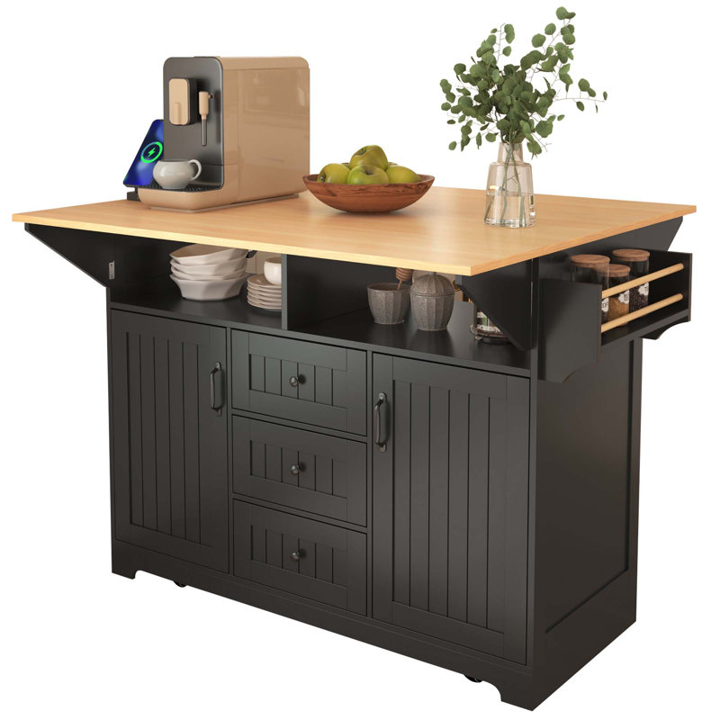 55.7'' Large Kitchen Island With 2 Drop Leaf,, Rolling Kitchen Cart On 5 Wheels With Power Outlet, Folding Storage Dining Table With Spice & Towel Rack , 3 Drawers, For Kitchen, Dining Room,Black