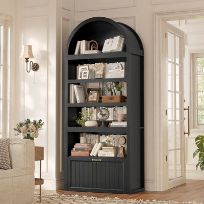 81" Tall Arched Bookshelf, 5-tier Bookcase With Storage Drawer And Wheels