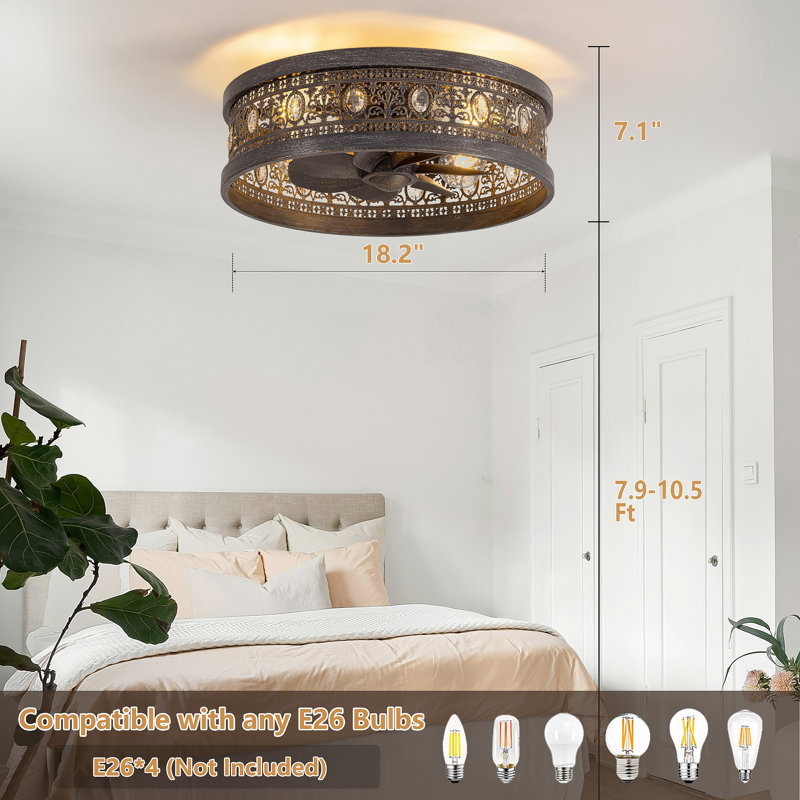 Caged Ceiling Fans with Lights,Vintage Victorian Rustic Crystal Fandelier,Low Profile Flush Mount,Small Enclosed Bladeless Ceiling Fan with Light for Bedroom,Kitchen,Living Room,Dining Room