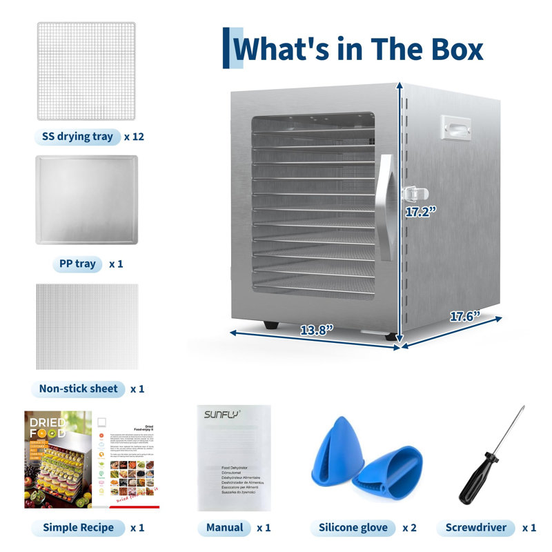 Déshydrateur d'aliments à 12 plateaux en acier inoxydable 304, séchoir à viande et à fruits 820W avec minuterie 24H et contrôle de température 85-160 ° F pour gâteries pour chiens et saucisses