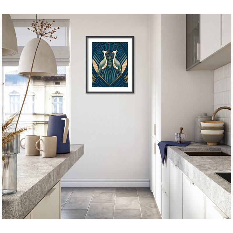 "Art Deco Herons Blue" par Carey Copeland, reproduction d'art encadrée