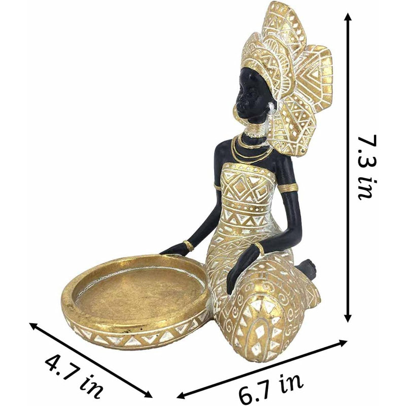 Lady Figurine Candle Holder With African Tribal Totem – Gold Polyresin Statue