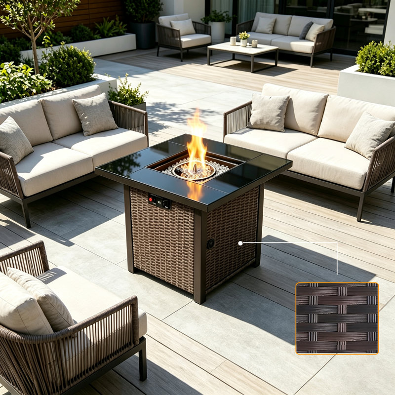 28" Propane Gas Fire Pit Table, Rattan Material Fire Pit with Lid and Lava Rock,50000 BTU Wicker Square Fire Pit for Patio Deck Garden Backyard,Add Warmth to Gatherings