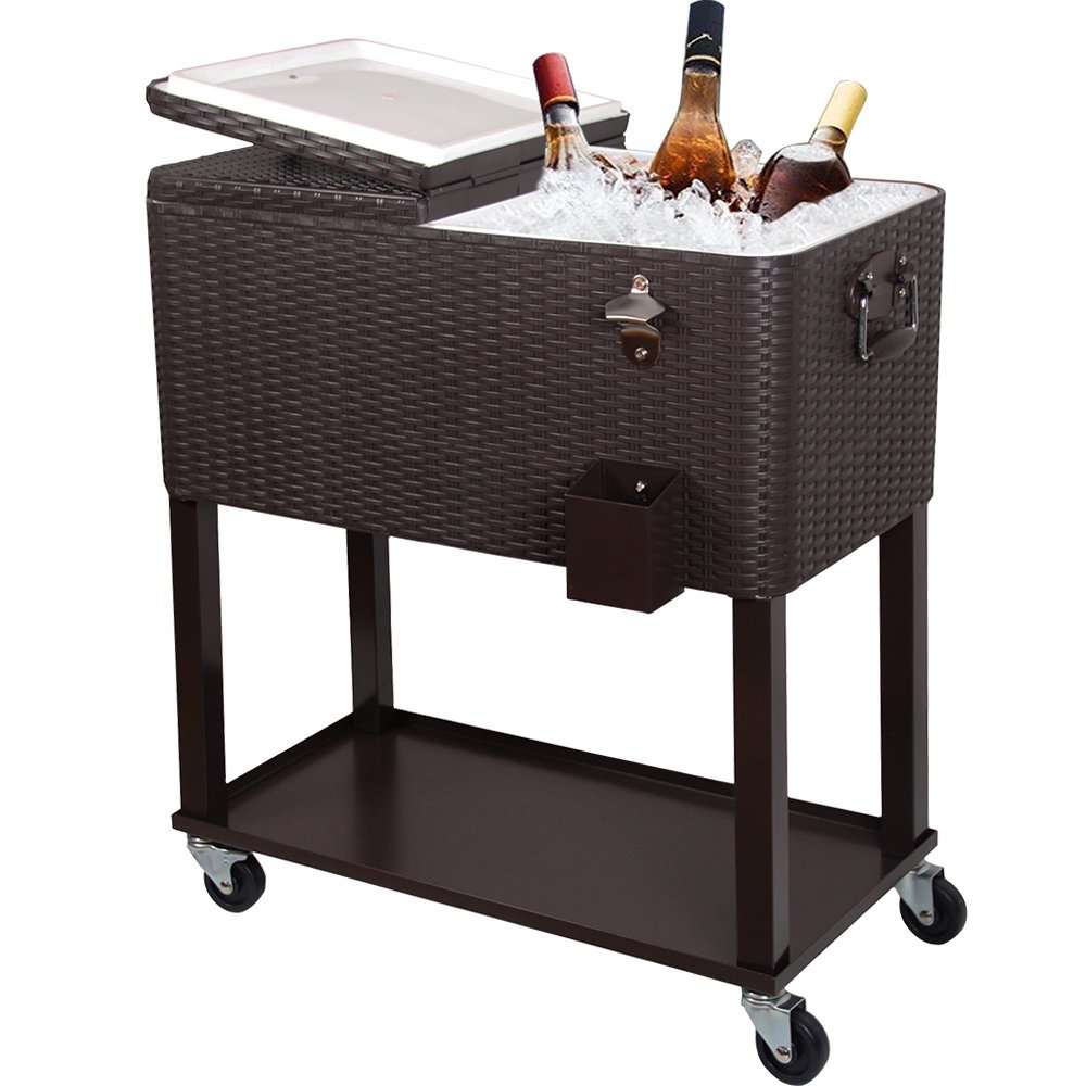 Rebuyhome 80 Quarts Serving Station / Cart Cooler with wheels in Brown Rebuyhome