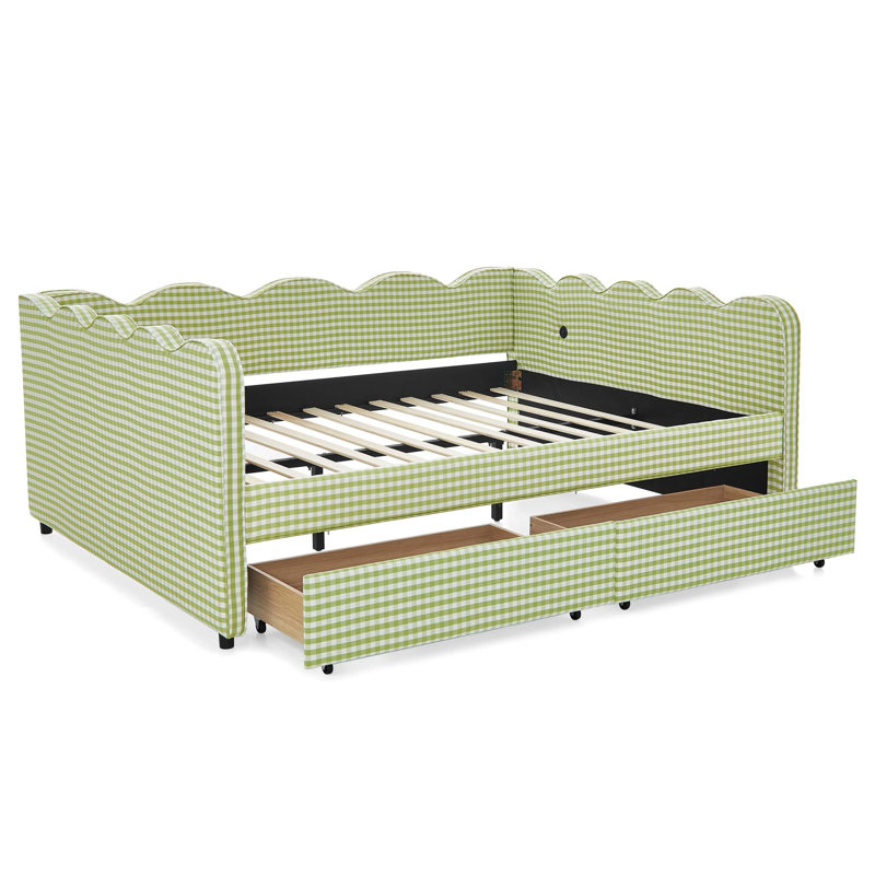 Lit de jour Cozy Gingham avec tiroirs de rangement et chargement USB, Vert
