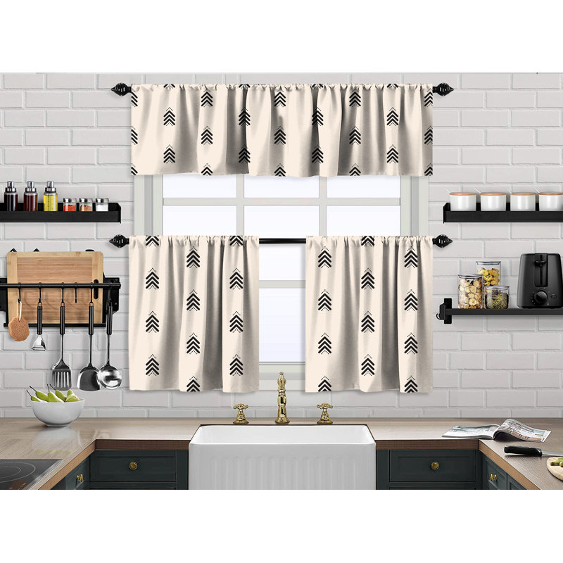 Boho Design Kitchen Valance and 2 Tiers Curtain, African Mud, Valances Tiers Cafe Curtains, Ecru, 24" W x 30" L