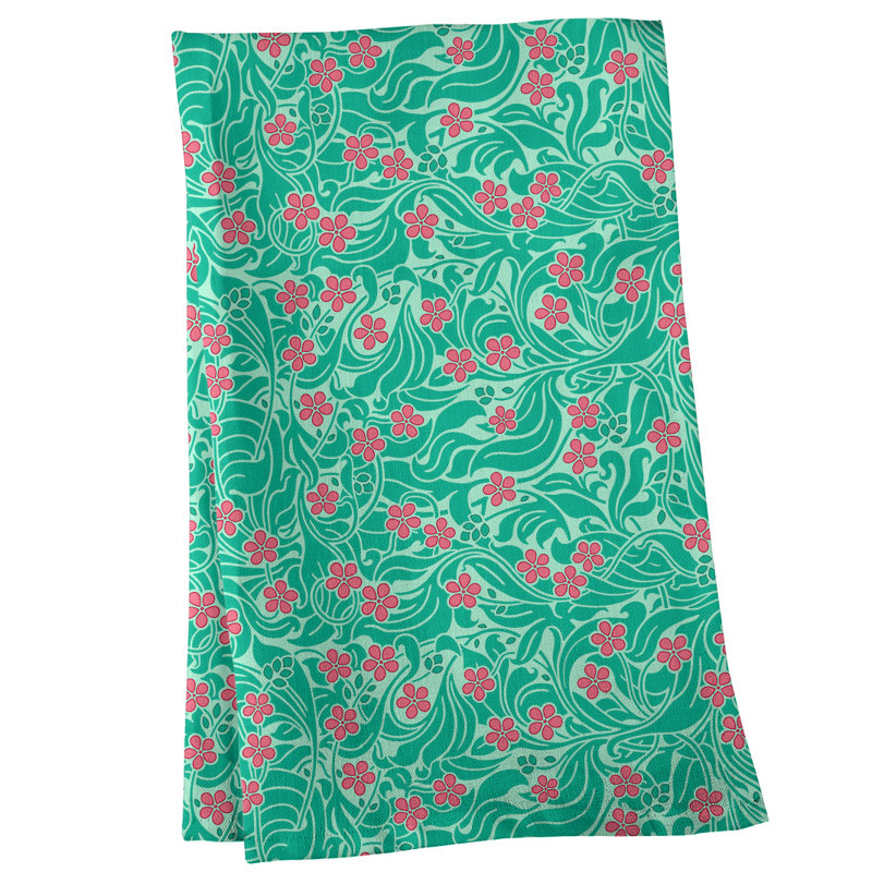 Serviette de thé à motif floral tourbillony, Menthe / Rose, Sergé de coton