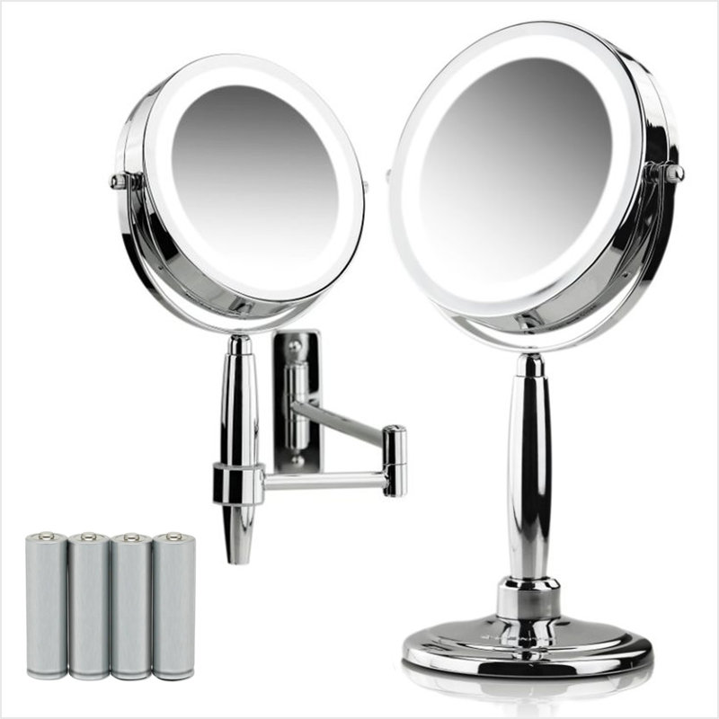 OVENTE 7'' Lighted Makeup Mirror with 1X/8X Magnification, Cordless Multi-Functional Round Vanity Mirror with 360° Swivel Design, Double Sided and Three Toned LED Lights, Polished Chrome MFM70CH1X8X