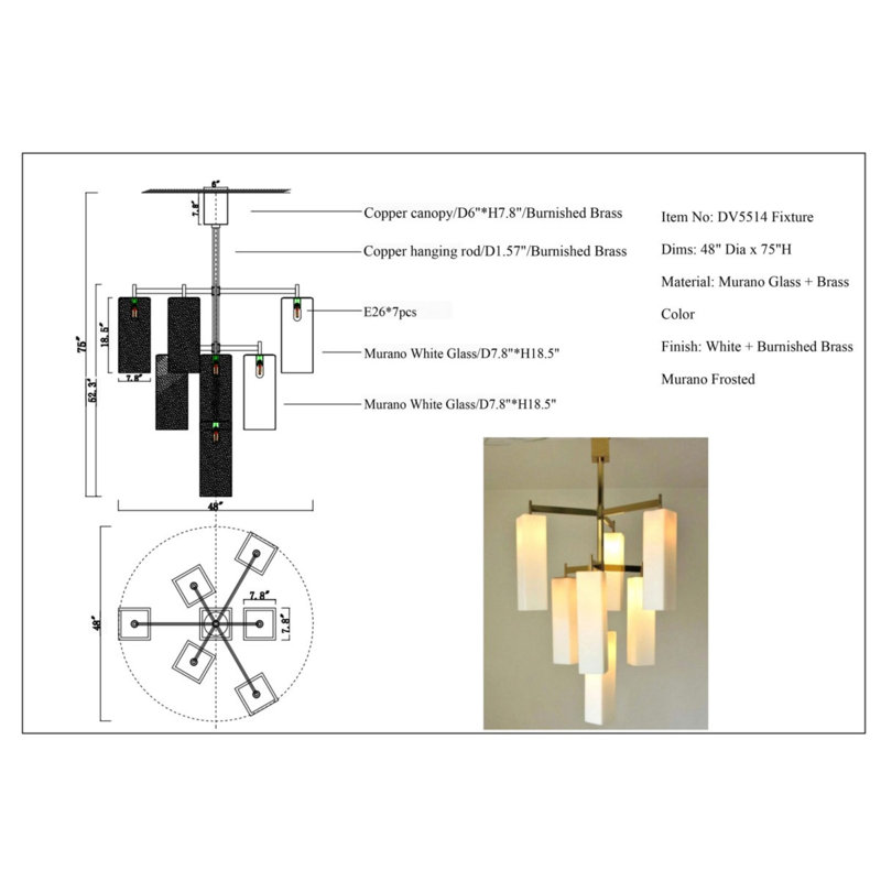 Light Brass Dimmable Murano Frosted Pendant Chandelier, Bronze, 60" H x 40" W x 40" D, White and Black